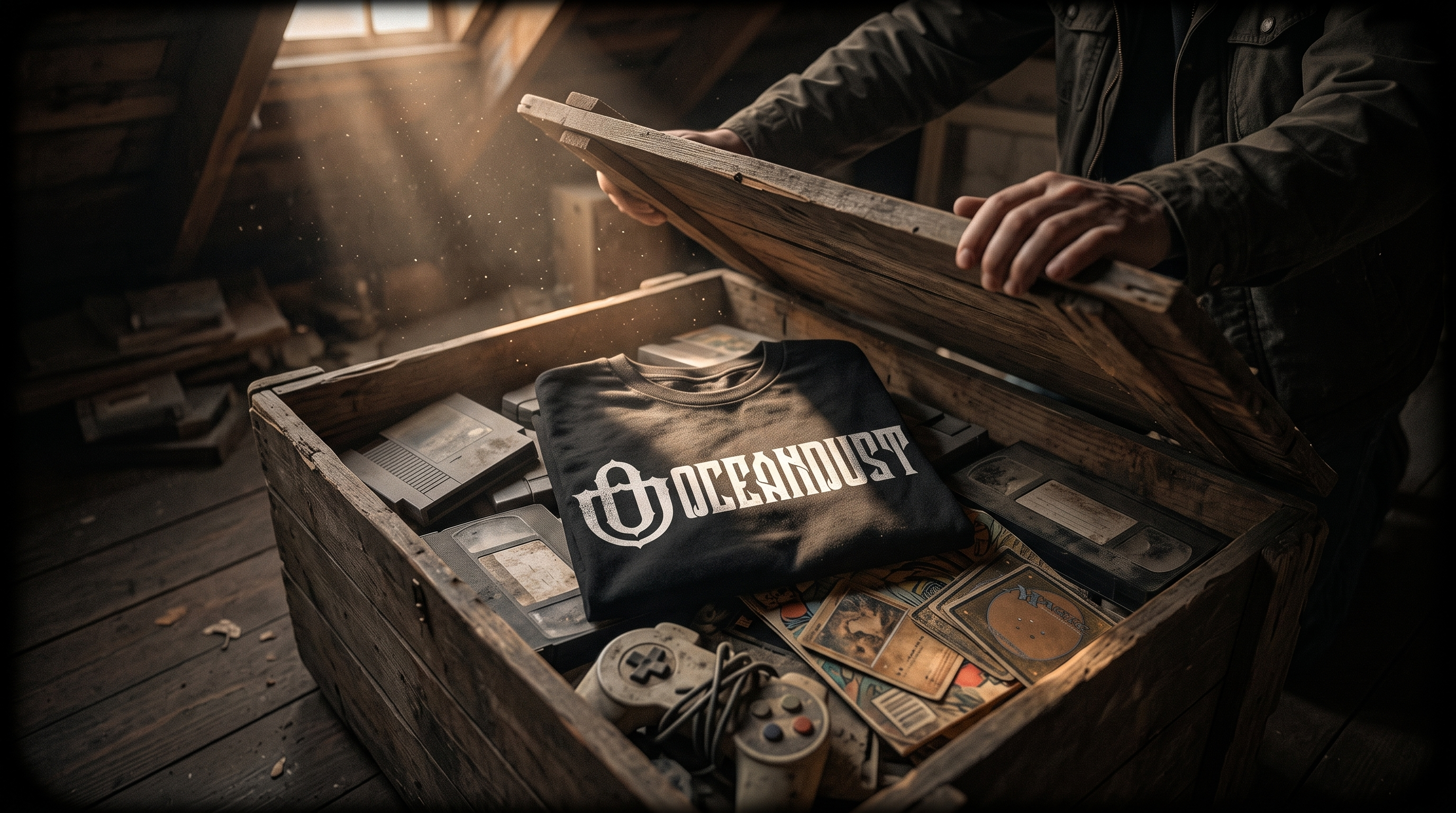 An archive crate of retro relics being opened, with an Oceandust tee inside