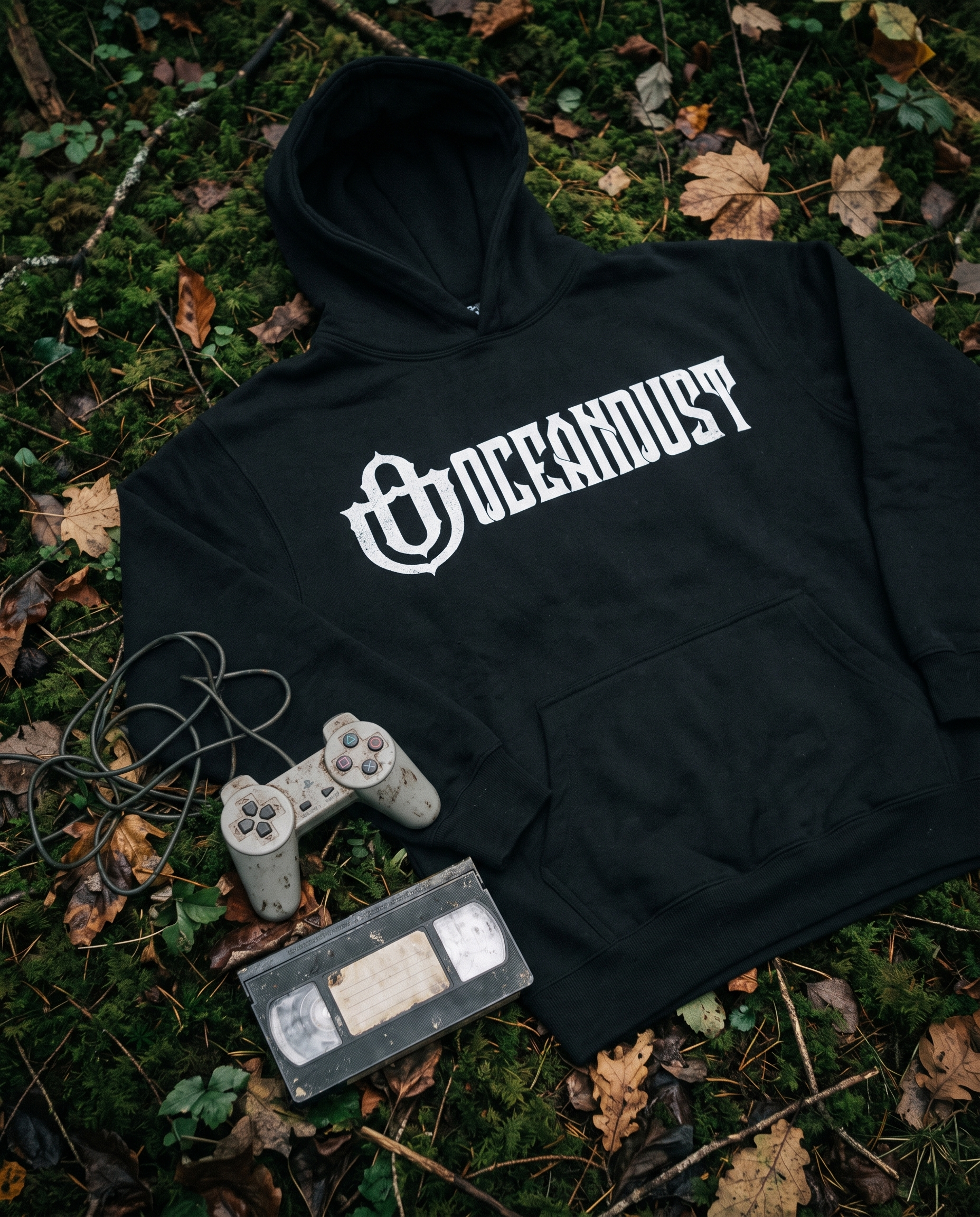 Oceandust hoodie on moss with a controller and VHS tape