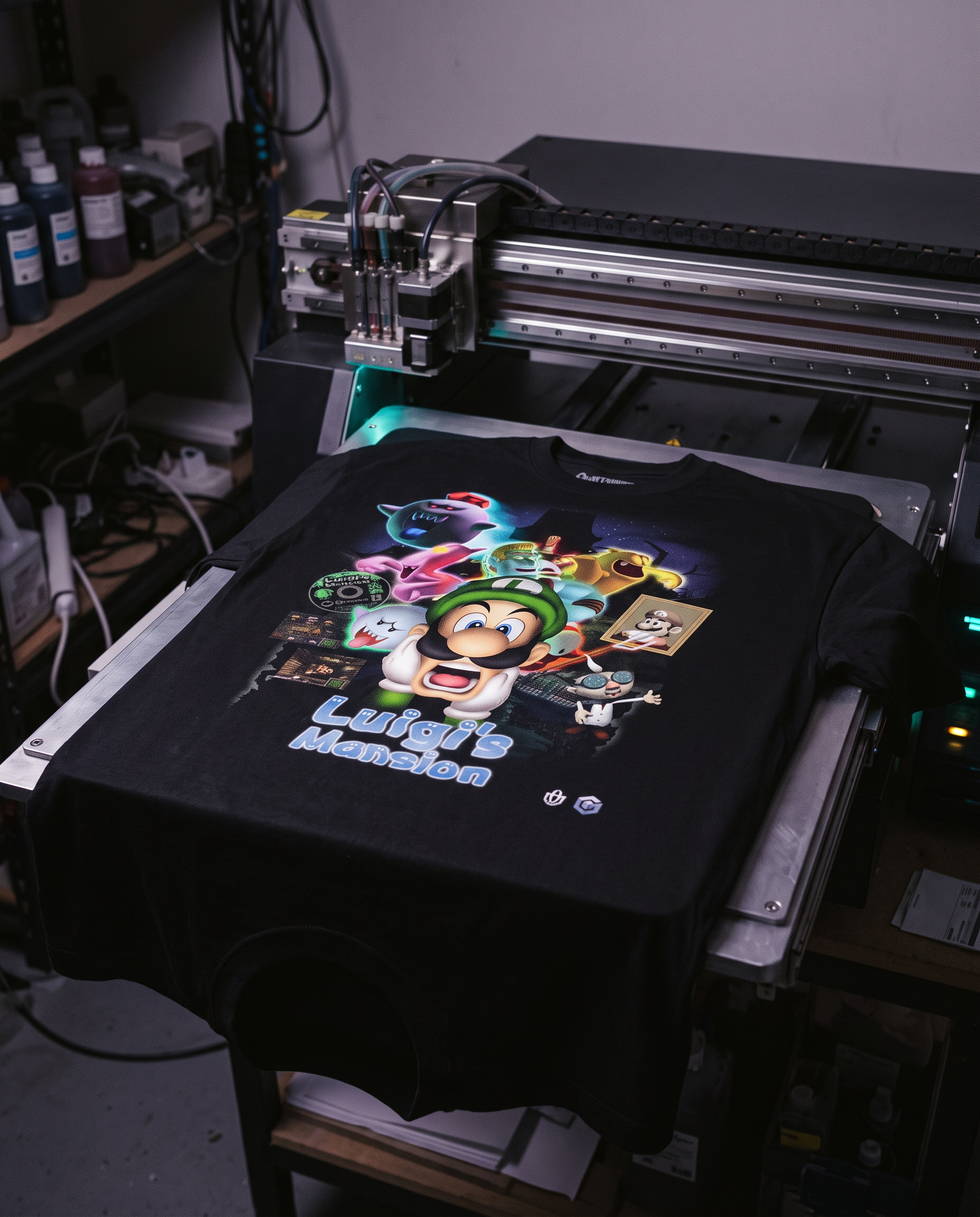 Tee being printed on a direct-to-garment printer
