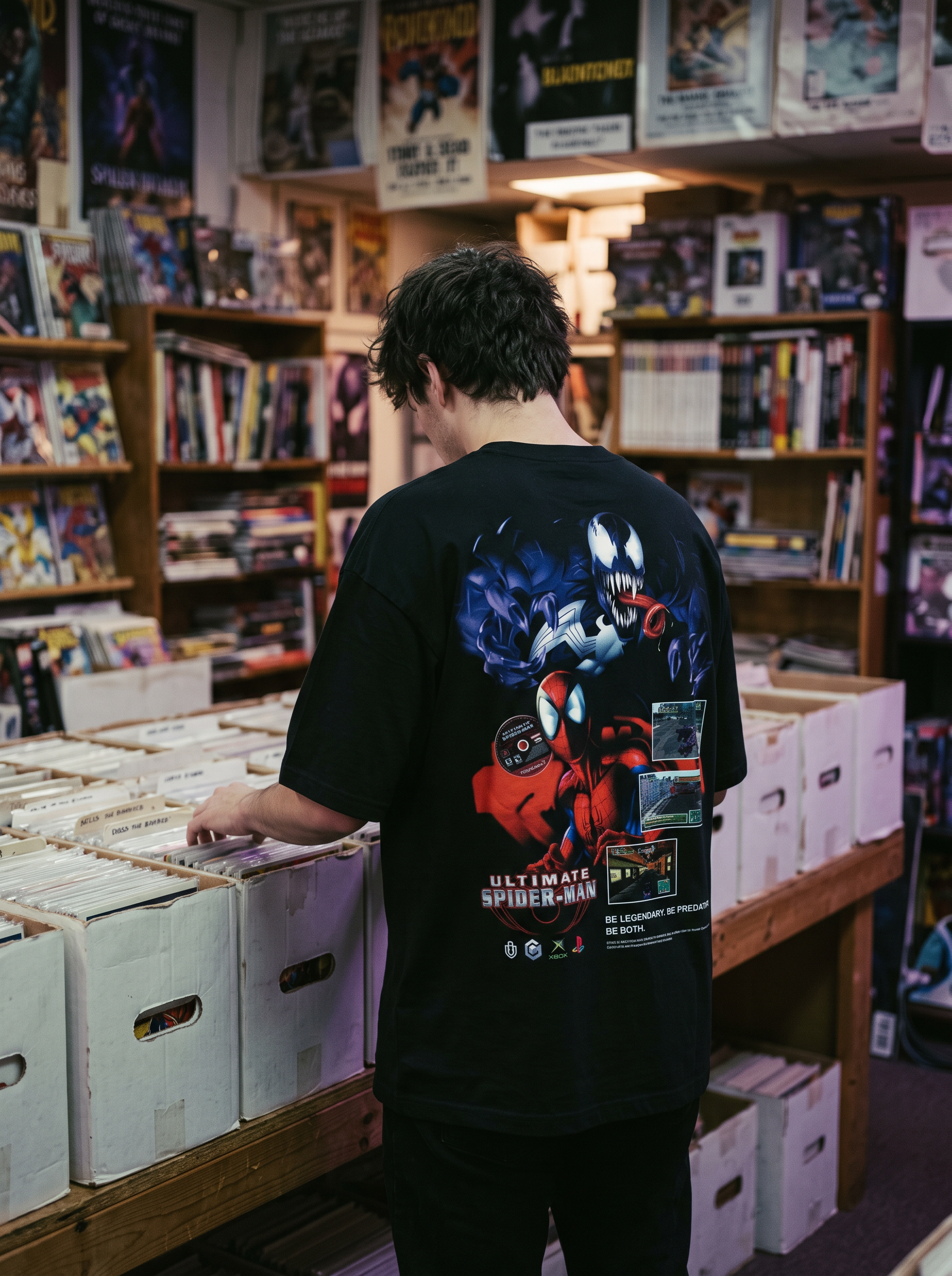 Digging through comic longboxes in an Oceandust tee