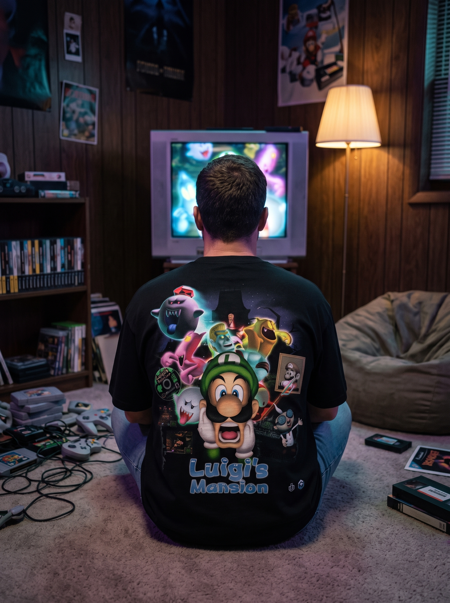 Playing on a CRT in a 90s bedroom in an Oceandust tee
