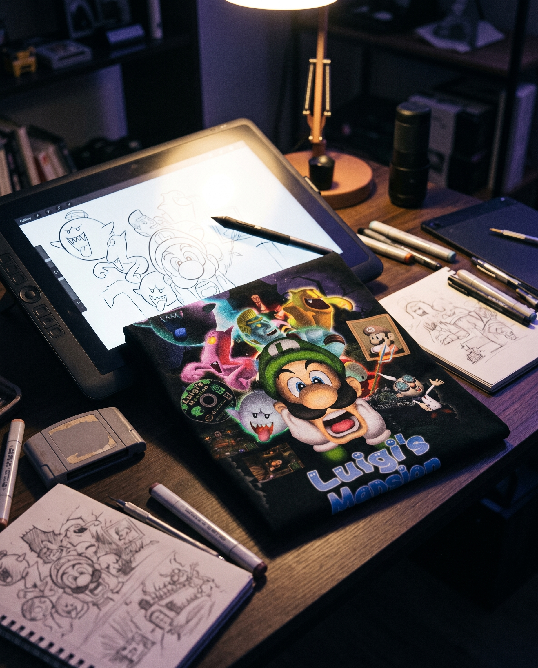 Artwork being redrawn next to the finished printed tee