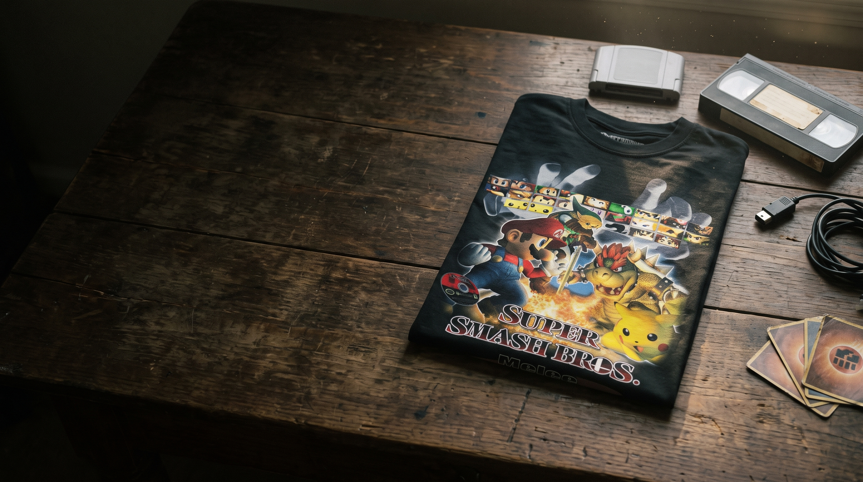 Folded Oceandust tee with retro relics on a wooden table