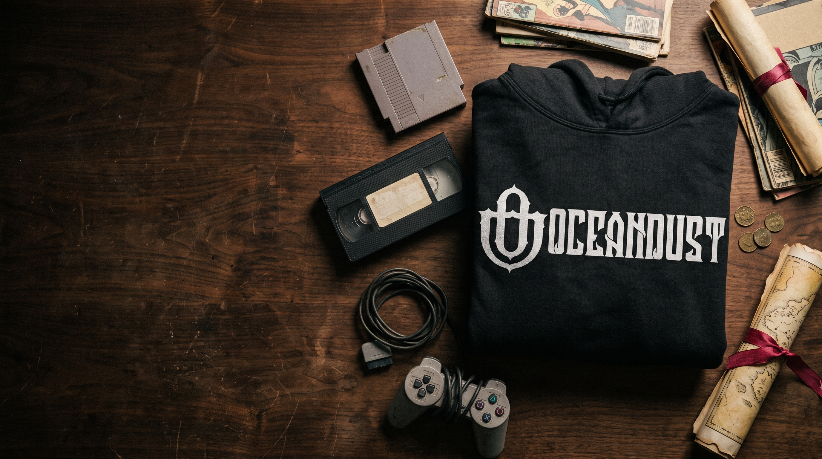 Oceandust hoodie on a wooden desk with a game cartridge, VHS tape and controller